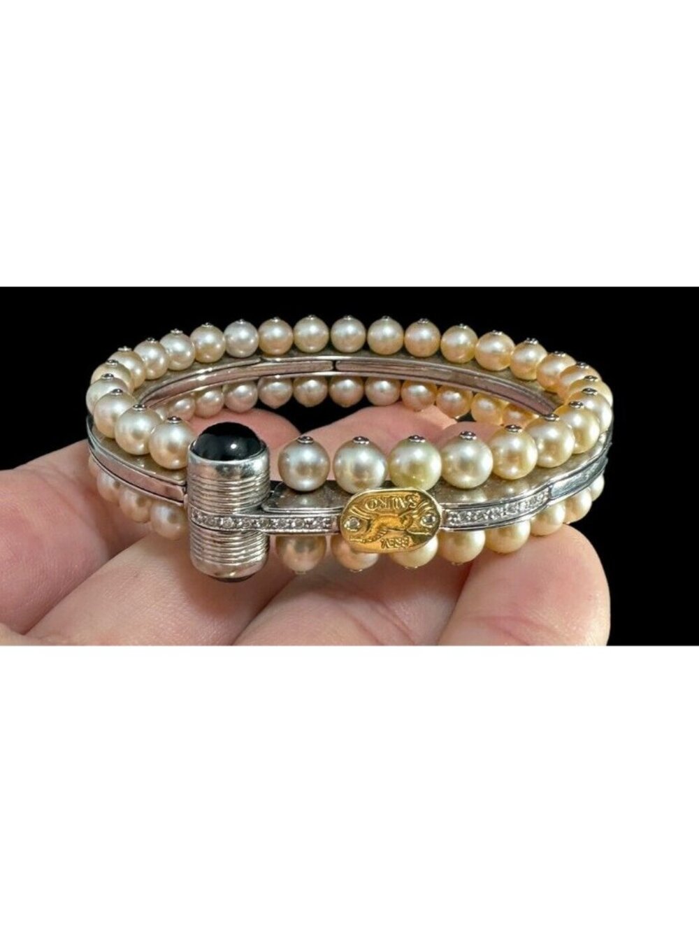 Brev Sauro Bracelet Pearl Black Onyx 17 Diamond Chips Stainless Steel 18k